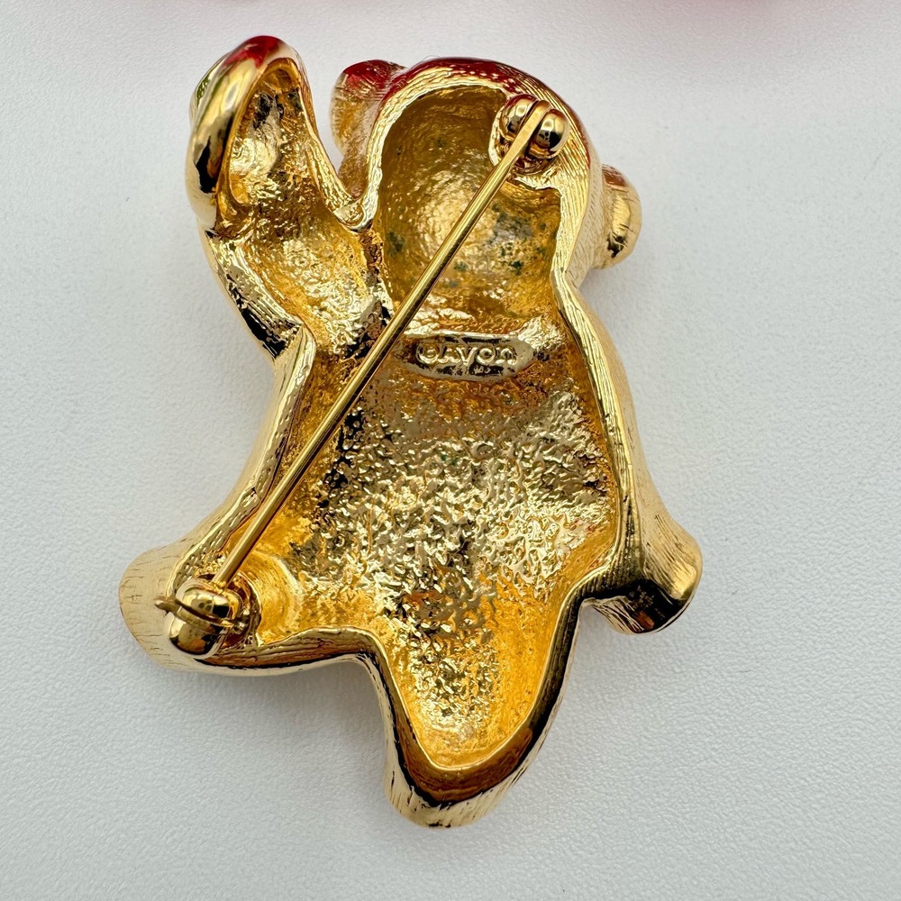 Vintage Avon Waving Teddy Bear Rhinestone Bow Gold Tone - Picture 4 of 8